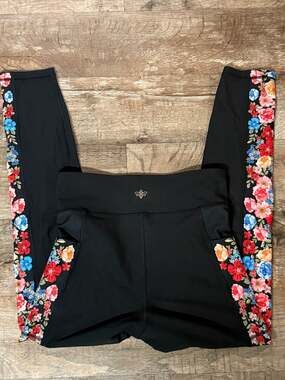 Johnny Was Active Black Floral Side Stripe Leggings